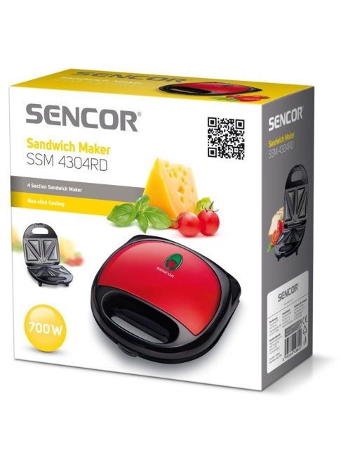 Сандвич тостер SENCOR SSM 4304RD, 700 W, 4 триъгълни сандвича, Черен/Червен - Код G5444